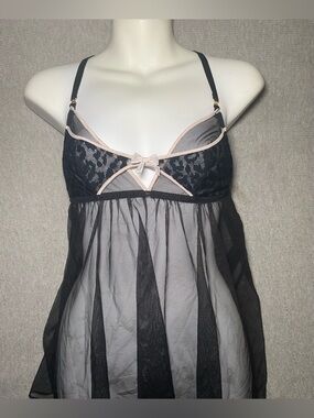 Victoria’s Secret Sheer Pink Bow Black Babydoll Lingerie Small Mesh